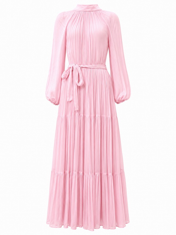 【新品DRESS 4177】シフォンプリーツ切替バックオープンフレアロングドレス ピンク【LACE＆BEADS】